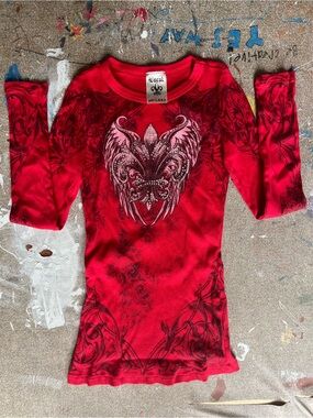Vocal Red Long Sleeve Tee with Embellished Winged Fleur-de-Lis